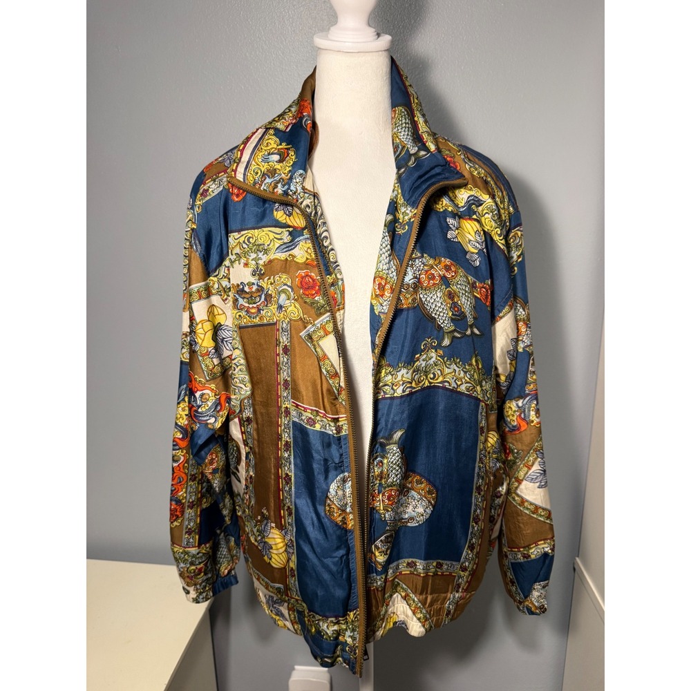 EVR Rousso Vintage 100% Silk Scarf Print Bomber Jacket Blue Gold Women Small